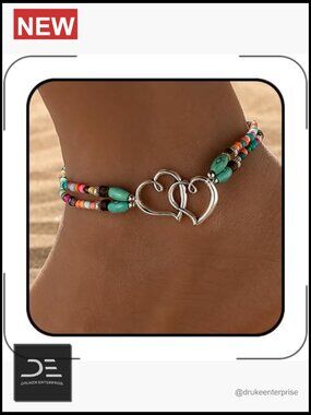 Beaded Double Heart Stretch Ankle Bracelet Summer Boho Beach Foot Jewelry